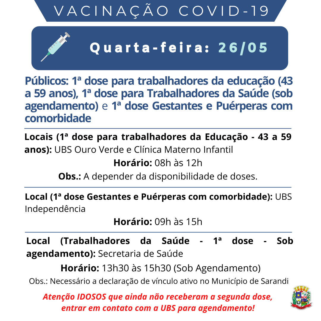 Cronograma de Vacinação contra Covid-19 - Quarta-feira - 26/05/2021